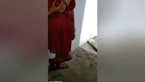 Indian brunette amateur in red dress and black blouse