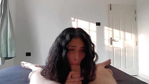 Brunette indian maid gets a blowjob in her bedroom