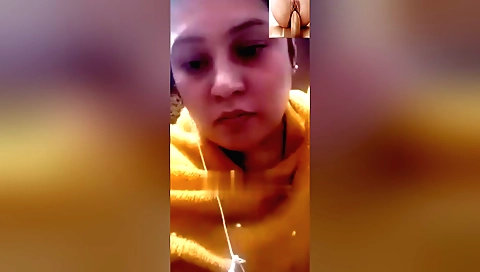 Busty amateur brunette with big tits masturbates on webcam