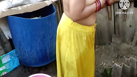 Indian hot brunette gets naked outdoors and stretches
