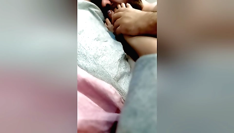 Indian girl gives you her feet while fucked on the bed
