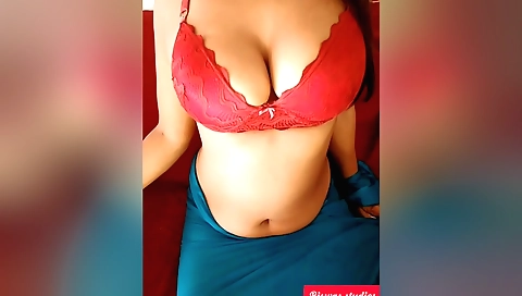 Sexy brunette Indian girl in a sexy bra and a sexy saree